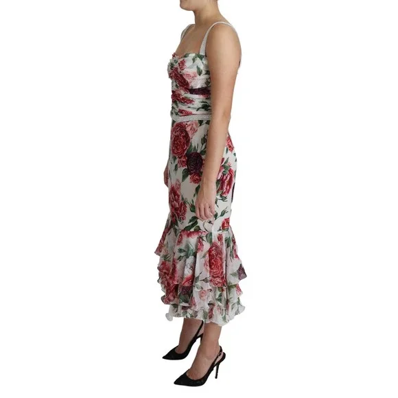 DOLCE & GABBANA White Peony Print Crystals Chiffon Midi Dress - Picture 4 of 5